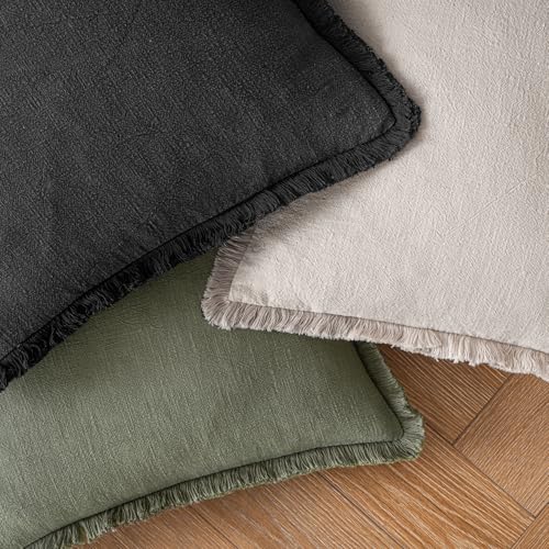 Image of MIULEE Decorative Throw Pillow Covers Neutral Linen Fringe Throw Pillows Euro Shams Set of 2 Black Boho Farmhouse Cushion Covers for Couch Sofa Bed Living Room Spring Home Decor 26x26 Inch