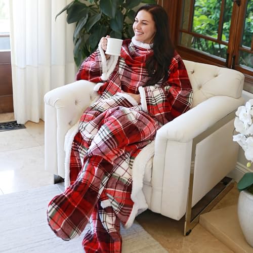 Image of Sherpa Wearable Blanket with Sleeves & Foot Pockets for Adult Women Men, Comfy Snuggle Wrap Sleeved Throw Blanket Robe, Gift Idea, Plaid