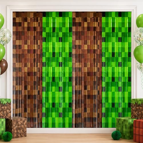 Image of 4 Pack Pixel Miner Theme Foil Fringe Curtains Video Game Birthday Decorations for Boys, Green Brown Tinsel Door Streamers for Gaming Party Photo Booth Backdrop Supplies