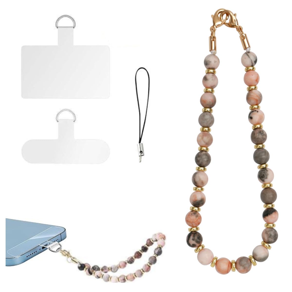 Dragonne De Téléphone Pierre Perlée, Dragonne De Lanière De Téléphone Portable Avec 2 Onglets D'Attache Détachable Chaîne De Br - Téléphonie