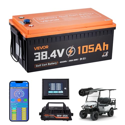 VEVOR 36V (38.4V) 105AH Lithium Golf Cart Battery, with 25A Charger, Lifepo4 Battery Kit, Built-in 200A BMS, with Bluetooth & Touch Monitor, 2C Discharge, 4000 Cycles, for Golf Carts, Trolling Motors