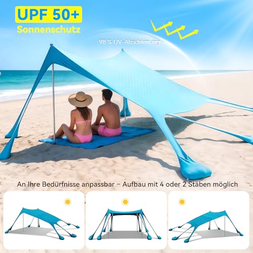 Purebox Strandzelt - Strand Sonnensegel mit UPF 50+, Einfacher Aufbau, mit 8 Sandsäcken, 10x10FT Sonnenschutz Strandzelt für Strand, Camping, Angeln, Picknick