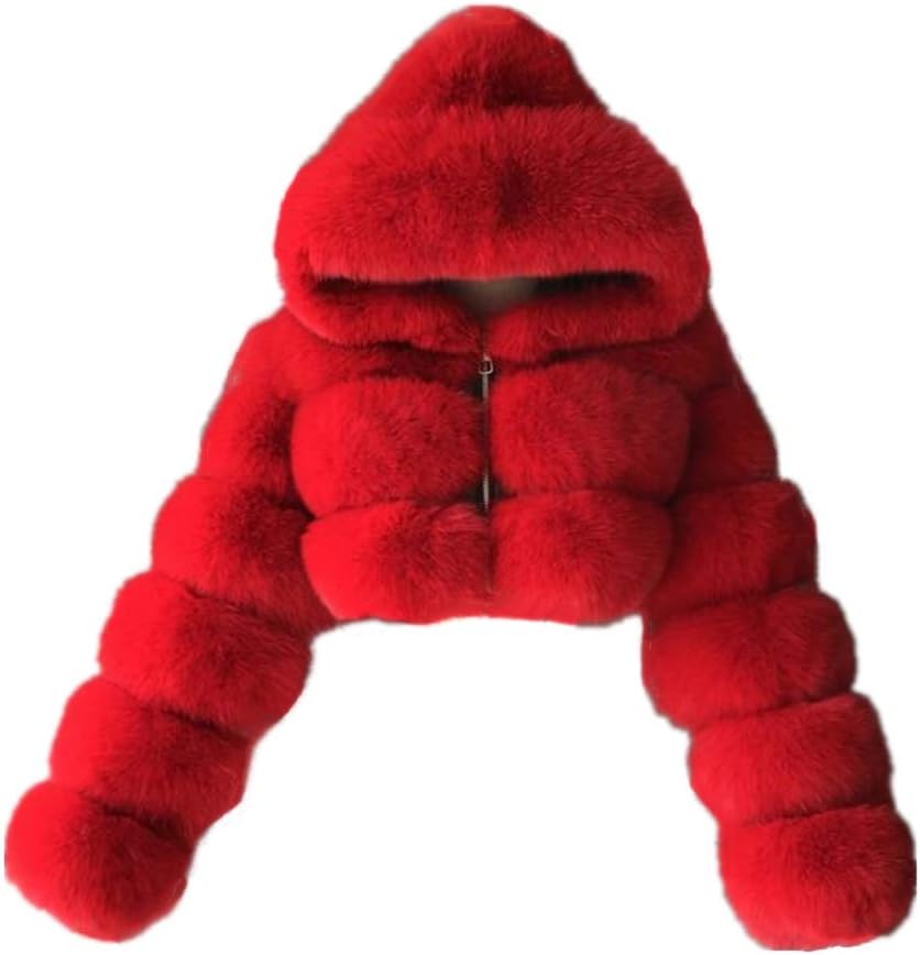 Colf Women's Winter Parka Coat Long Sleeve Faux Fur Coat with Hooded Warm Short Overcoat Jacket