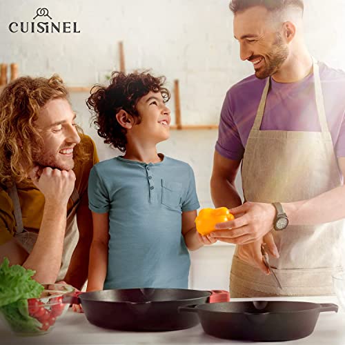Image of Cast Iron Skillet Set - 10 inch + 12 inch-Inch Dual Handle Frying Pans + Silicone Handle Holder Covers + Pan Scraper - Pre-Seasoned Oven, Grill, Stovetop, Induction Safe Kitchen Cookware - Indoor /Outdoor Use