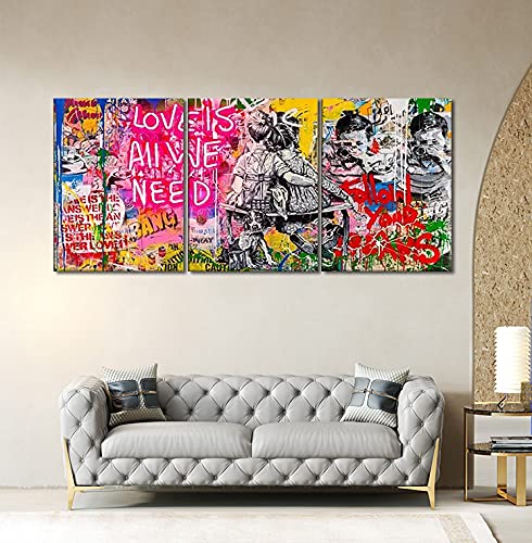 Banksy Street Classic Graffiti Wall Art, Love Is All We Need Inspirational Quote Poster Picture Art Print On Canvas, Pop Painting For Living Room Bedroom 3 Pieces Framed Artwork Ready To Hang - 60”W X 28”H #TOP2