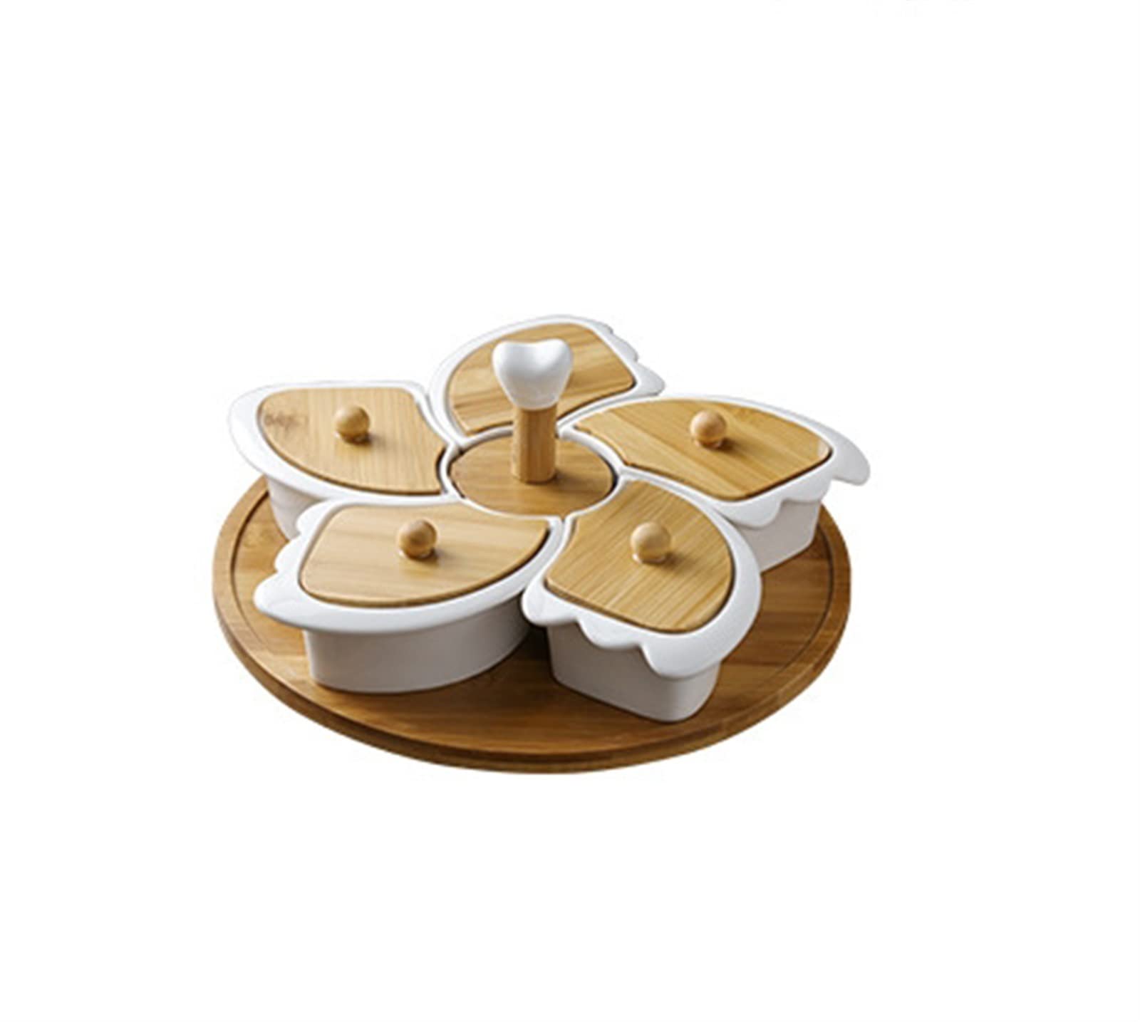 Snack-Serviertablett, weiße Keramik mit Drehteller, Obstteller mit fünf Gittern und Holzdeckel, drehbarer Snack-Nuss-Teller, Dessert-Snack-Tablett, Obstteller-Set, Vorspeisentablett (Farbe: