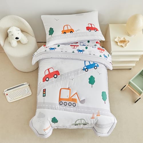 Image of DuShow 4 Pieces Cars Toddler Bedding Set for Boys,Soft Toddler Bed Set in a Bag,Toddler Bed Comforter Set Includes Quilted Comforter, Flat Sheet, Fitted Sheet and Pillowcase