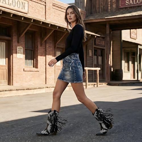 Image of Tsrenlmln Sparkly Rhinestone Cowboy Boots for Women - Pointed Toe Western Ankle Boots with Tassel, 3.74 inch Chunky Heel, Rivet Decorated Slip-On Booties, Party & Casual Wear