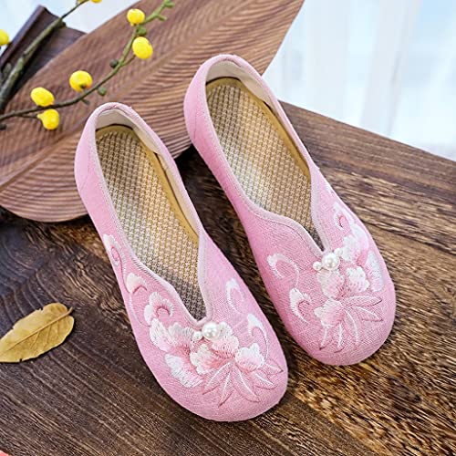 Women Comfortable Cotton Fabric Slip on Ballet Flats Embroidery Ladies Casual Ballerinas Shoes Pink Mint White (Color : Pink Size : 9.5 Size) (Pink 8.5)3