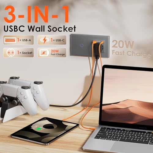 BSEED Touch Lichtschalter mit Steckdose Schuko Unterputz Steckdose mit USB C 20W Schnellladeger&auml;t USB Type C 1 Fach 1 Weg Wandsteckdose mit Glas Panel Geeignet f&uuml;r Phone, Pad, MP3 und mehr-Grau