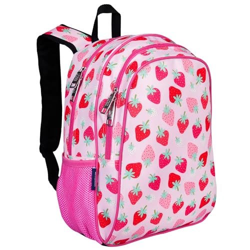 Image of Wildkin 15 Inch Backpack for Kids, Strawberry | Ages 5-10, padded straps, side water bottle pocket - coordinates with matching Wildkin lunch boxes and water bottles