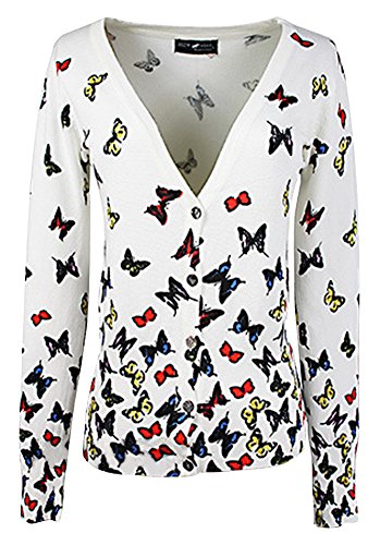 Ubasics Women's Slim V Collar Butterfly Print Cardigan Sweater Multicolored One Size