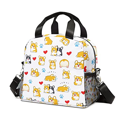 Dog Lunch Bag, Corgi Print Insulated Lunch Box with Removable Adjustable Shoulder Strap and Side Pocket, Cute Cooler Meal Tote Bag for Women Men Kids Work School Picnic Travel Ideal Gift, White Corgi