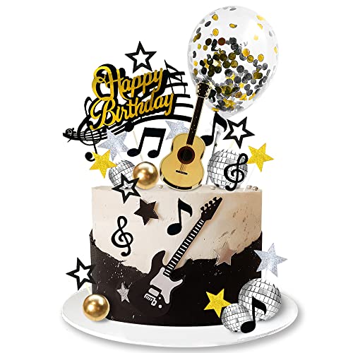 31 PCS Guitar Cake Toppers Music Notes Balls Cake Decorations for Musician Birthday Party Rock Theme Party (Black)