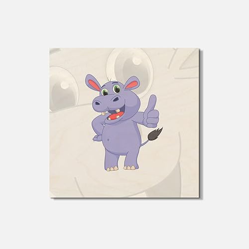 Cute Hippo Animal Square Wooden Coaster, Idea, Handmade Gifts, Wood Bottom for Tabletop Protection, Suitable for All Cups, Cool Home Decor, Size -