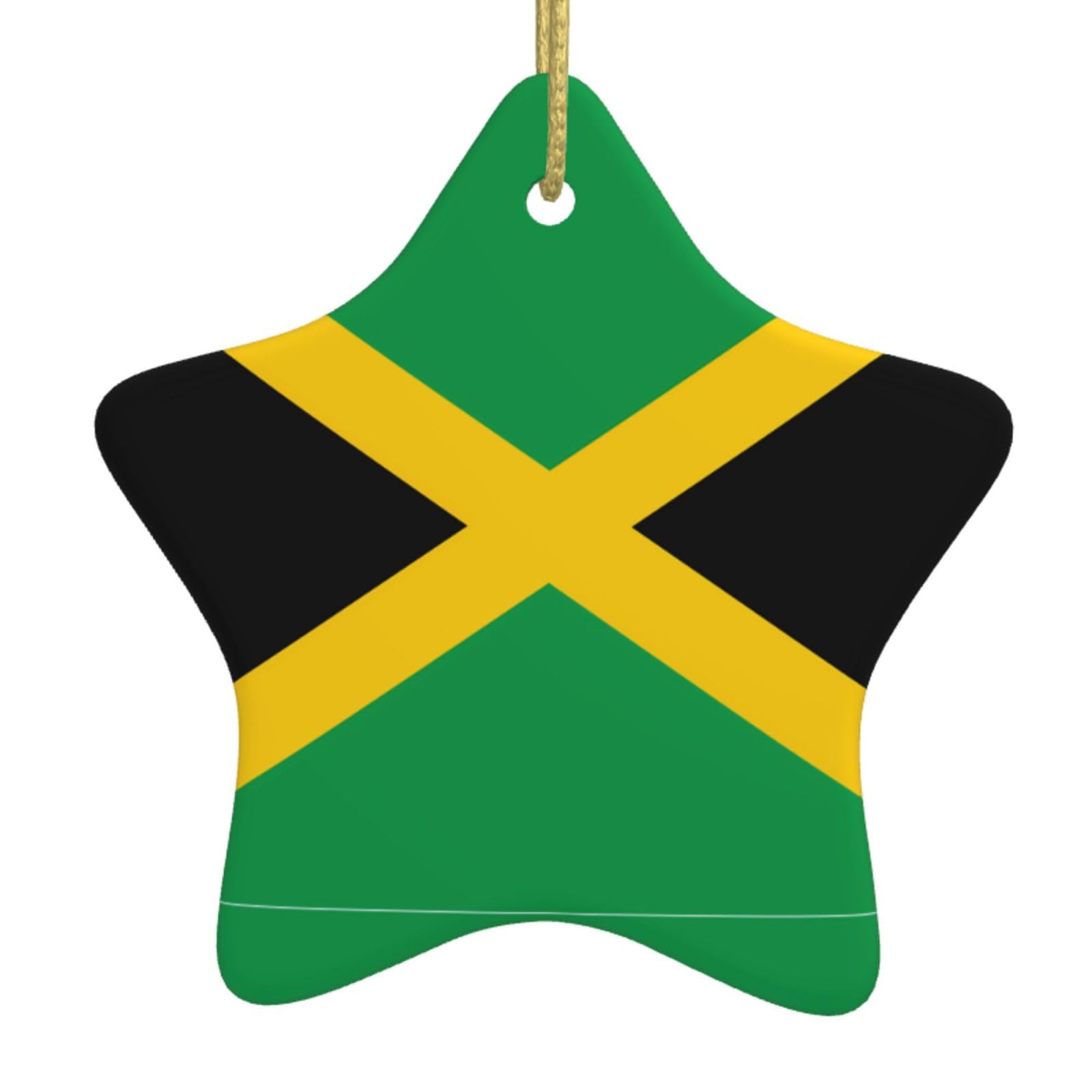 Flag of Jamaica Christmas Ceramic Star Pendant with Punched Holes and Gold Wire Rope, Christmas Tree Home Decoration