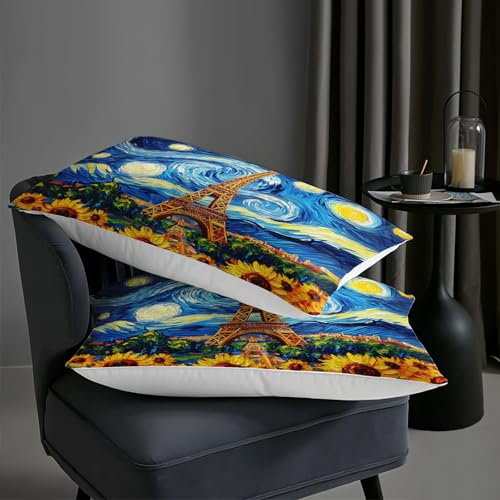 Image of AILONEN Eiffel Tower Floral Queen Comforter Set,Oil Van Gogh Sunflower Printed Bedding Sets,3 Pieces Starry Night Flower Quilt with 2 Pillowcase,Soft Breathable
