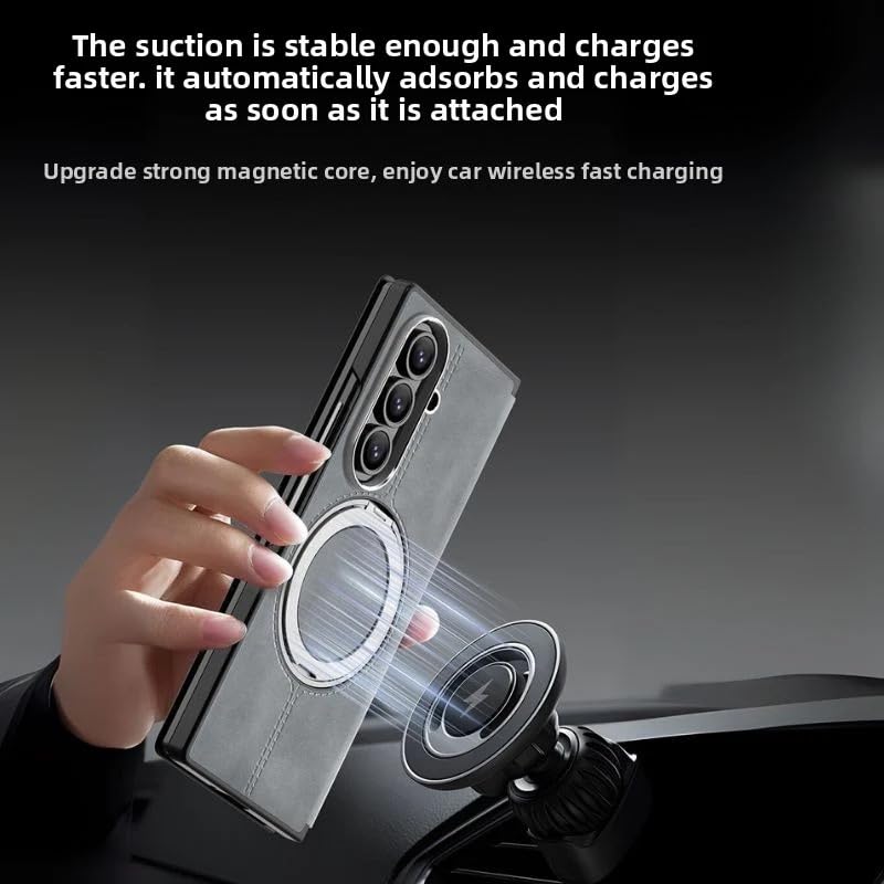 Image of TechTrendz Magsafe Compatible Built-in-Stand Flip Cover for Samsung Galaxy Z Fold 7, 360 Rotating Stand Luxury Nappa Style Leather Foldable Magnetic Flip Cover Galaxy Z Fold 7 5G (Black)