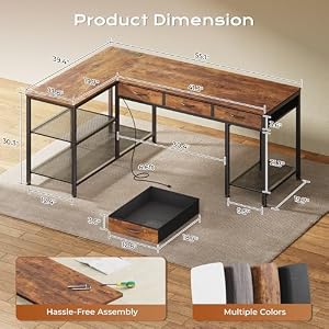 PRAISUN 55 Inch L Shaped Office Desk with Power Outlets and Type-C Port, Large Computer Gaming Desk with 3 Fabric Drawers, Mesh Shelves, Corner Study Work Writing Desk, Rustic Brown — photo 3 of 6