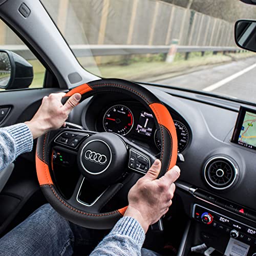Image of Leather Car Steering Wheel Cover, Non-Slip Car Wheel Cover Protector Breathable Microfiber Leather Universal Fit for Most Cars (Orange-2)