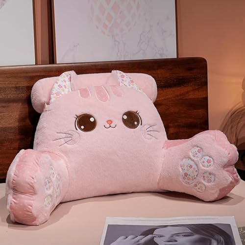 Plush Cat Reading Pillow - Lumbar Support Cuddle Cushion with Detachable Neck Roll & Arm Support, Back Pillow for Bed/Couch, Ideal for Reading, Watching TV, Gaming (Pink,27.6L x 17.7H)