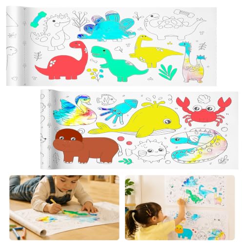 Drawing Roll Paper 2 Rolls Childrens Coloring Paper Rolls Sticky Paper DIY Painting Drawing Color Painting Gifts 11.8 x 118Sticky Rolls(Dinosaur/Animal)