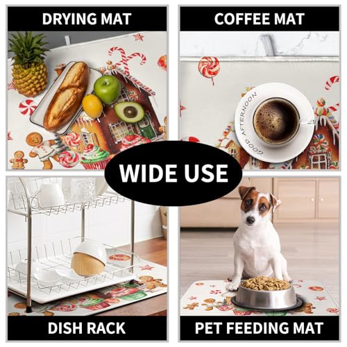Christmas Dish Drying Mat for Kitchen Counter 16x18 Gingerbread House Man Candy Canes Cookie Cake Drying Mat for Dishes Xmas Winter Holiday Microfiber Drying Pad Dish Drying Pad for Coffee Bar Sink by Kwlegh - Image 7