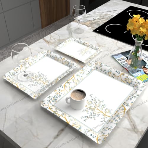Image of Castleite Valencia Series Melamine Trays Set of 3 with Handles for Serving Snacks or Tea - A Designer Tray Medley for Home or Cafe Use (Zephira)