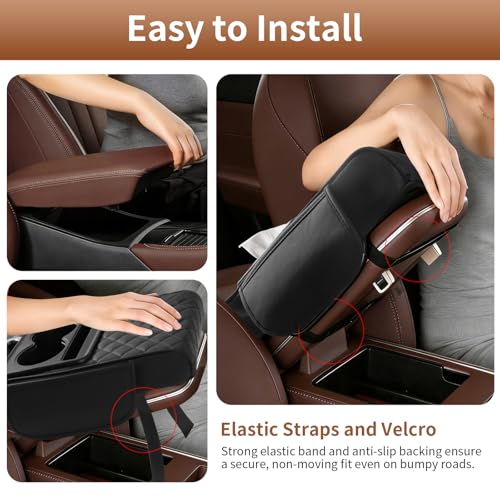 Image of 5-in-1 Car Armrest Cushion, Multifunctional Faux Leather Center Console Armrest Pillow Elbow, Universal Arm Box Pad Cover with Cup Holder, Phone Slot, Tissue Box Slot & 2 Storage Bags, Black