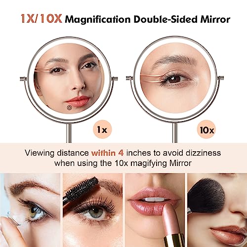 Funtouch Lighted Makeup Mirror With Magnification, Rechargeable Double Side 3 Color Lighting, Dimmable Vanity Mirror With Touch Control 360°Rotation Makeup Mirror For Desk, For Woman #TOP2