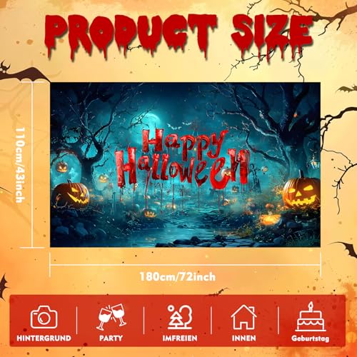 Halloween-Deko-Banner – Extra große „Happy Halloween“-Stoffkulisse mit realistischem Fotohintergrund zum Aufhängen, Partydekoration für drinnen & draußen, geeignet für Tür, Fenster, Wand, Garten, Haus
