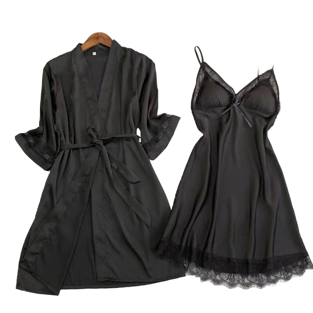 Accappatoio Donna,Set 2 Pezzi Accappatoio In Raso Camicia Da Notte Sexy Pizzo Scollo A V Pigiama Fionda Kimono Vestaglia Con Cintura Abito Leggero Camicia Da Notte Vestaglia Sposa Bademantel Damen,N