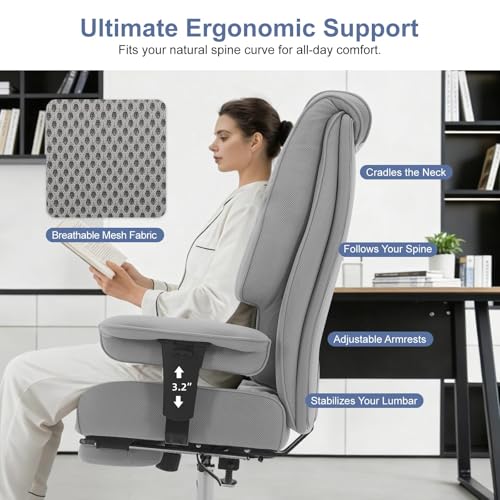 Image of EXCEBET Big and Tall Office Chair 400lbs Wide Seat, Leather High Back Executive Office Chair with Foot Rest, Ergonomic Chairs Lumbar Support for Lower Back Pain Relief (Mesh Dove Grey)