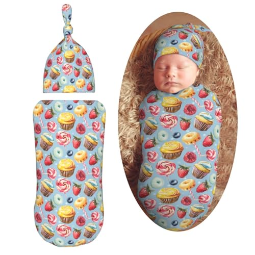 Image of Painting Lollipop and Muffins Newborn Swaddle Blankets Hat Sets Soft Baby Receiving Blanket Swaddle Sack for Baby Shower Infant Boy Girl Gift