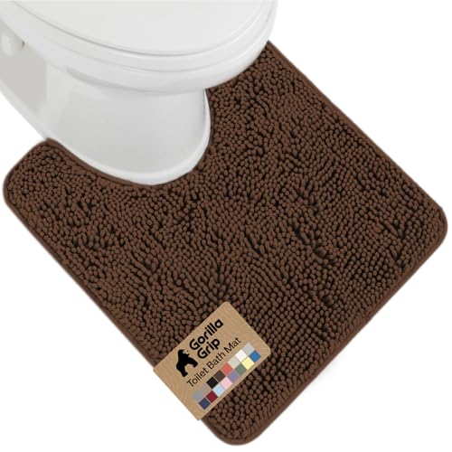 Image of Gorilla Grip Original Shaggy Chenille Oval U-Shape Contoured Mat for Base of Toilet, 22.5x19.5 Size, Machine Wash and Dry, Soft Plush Absorbent Contour Carpet Mats for Bathroom Toilets, Brown