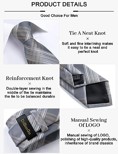 DiBanGu Plaid Ties for Men Silk Checkered Necktie and Pocket Square Cufflinks Tie Clip Set with Gift Box for Wedding Business, Grey
