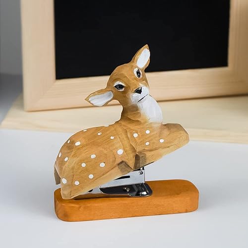 Miniatura 5 de Kcgani Grapadora de madera para animales, estatua de escritorio, estatua para la escuela, oficina, papelería (beige)