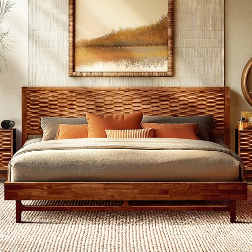 Acacia Elara King Platform Bed Frame – Solid Wood Mid-Century...