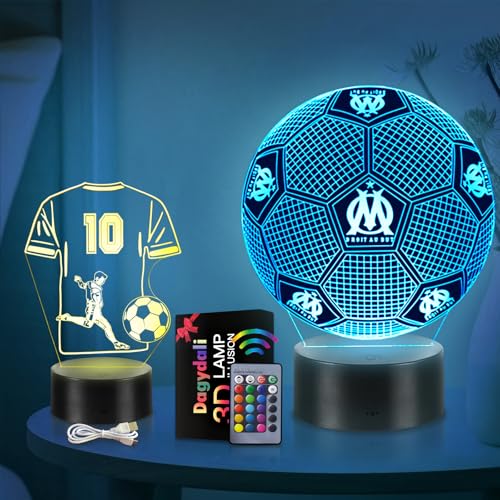 Dagydali 2-en-1 Lampe Marseille Football - Marseille Veilleuse 3D LED pour Enfants, 16 Couleurs USB...