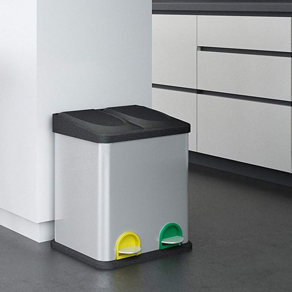 BAKAJI Cubo de basura de reciclaje de acero inoxidable y plástico con compartimentos, contenedor de basura extraíble con apertura a pedal, para casa, cocina y exterior (30 litros)