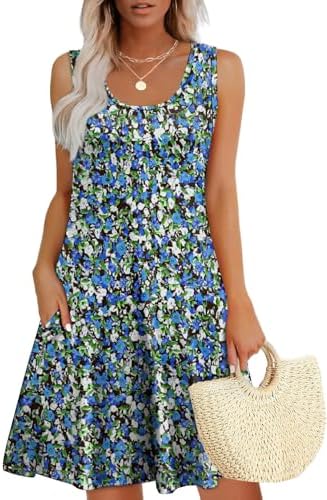 WEESO Womens Summer Dresses Loose U Neck Sleeveless Sundresses Dress with Pockets