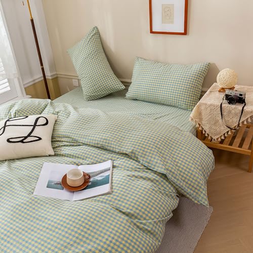 Image of EAVD Mini Blue Yellow Plaid Duvet Cover King Soft Cotton Reversible Grid Plaid Bedding Set with 2 Pillowcases Modern Style Geometric Grid Plaid Pattern Duvet Cover with Zipper Closure