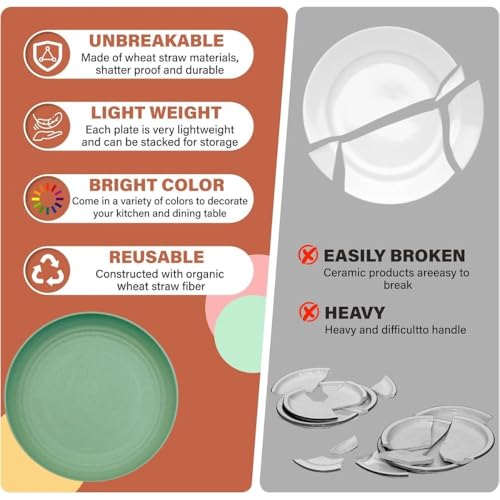 Image of Wheat Straw & Bamboo Fiber Plates Set, Lightweight Unbreakable Dinner Plates, Microwave and Dishwasher Safe, Plates Easy to Clean & Reusable (9 Inches, Green, Set of 4)