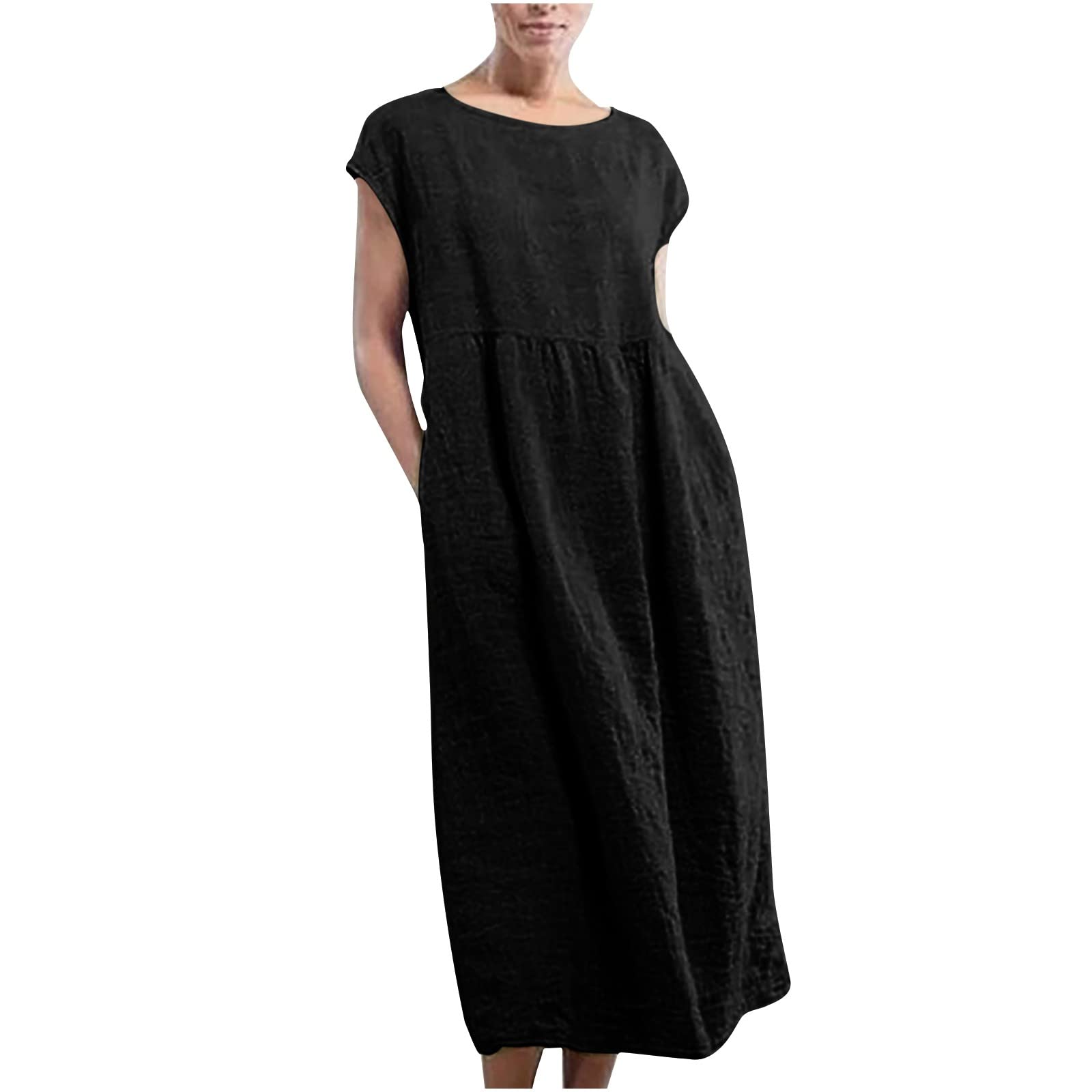 NUSGEAR 2024 Vestidos Largo Mujer Algodón y Lino Vestido Verano Casual Basico Vestidos Cuello Redondo Moda Color sólido Elegante Vestido Manga Corta Cómodo Bolsillo Playa Talla Grande