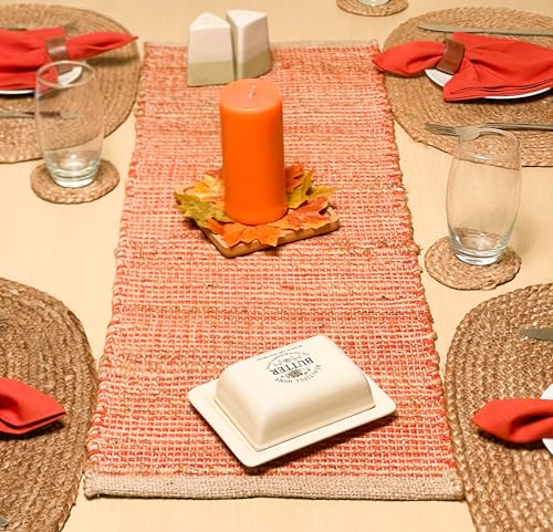 Chardin home Natural Jute Table Runner 13x48 Inch – Vintage Boho Rustic Table Decor – Handwoven Table Runner in Natural Jute and Rust Orange – Farmhouse Dining or Console Table Accent