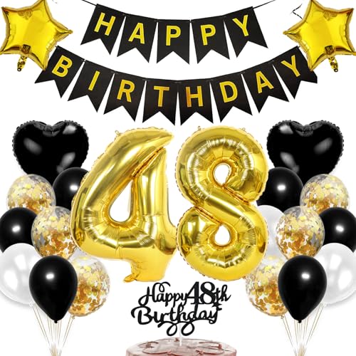 Ouceanwin Décoration Anniversaire 48 Ans - Ballons Or Noir pour Homme et Femme - Happy Birthday Deco Gateau - Fête