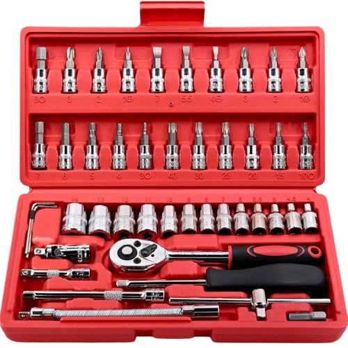Kit de Ferramentas com 46 Peças – Chave Catraca 1/4', Soquetes Métricos, Extensor Bits e Estojo Portátil, – Para Uso Automotivo Manutenção Reparos Oficina e Doméstico, Multifuncional, Completo