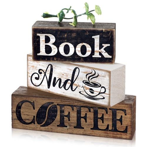 Image of Moucuny 4 Pcs Farmhouse Table Decor Rustic Wooden inchbook and Coffee inch Stacked Block Sign - Vintage Farmhouse Tiered Tray Decor with Coffee Cup & Bean Design, Perfect for Home Office Bookshelf Display