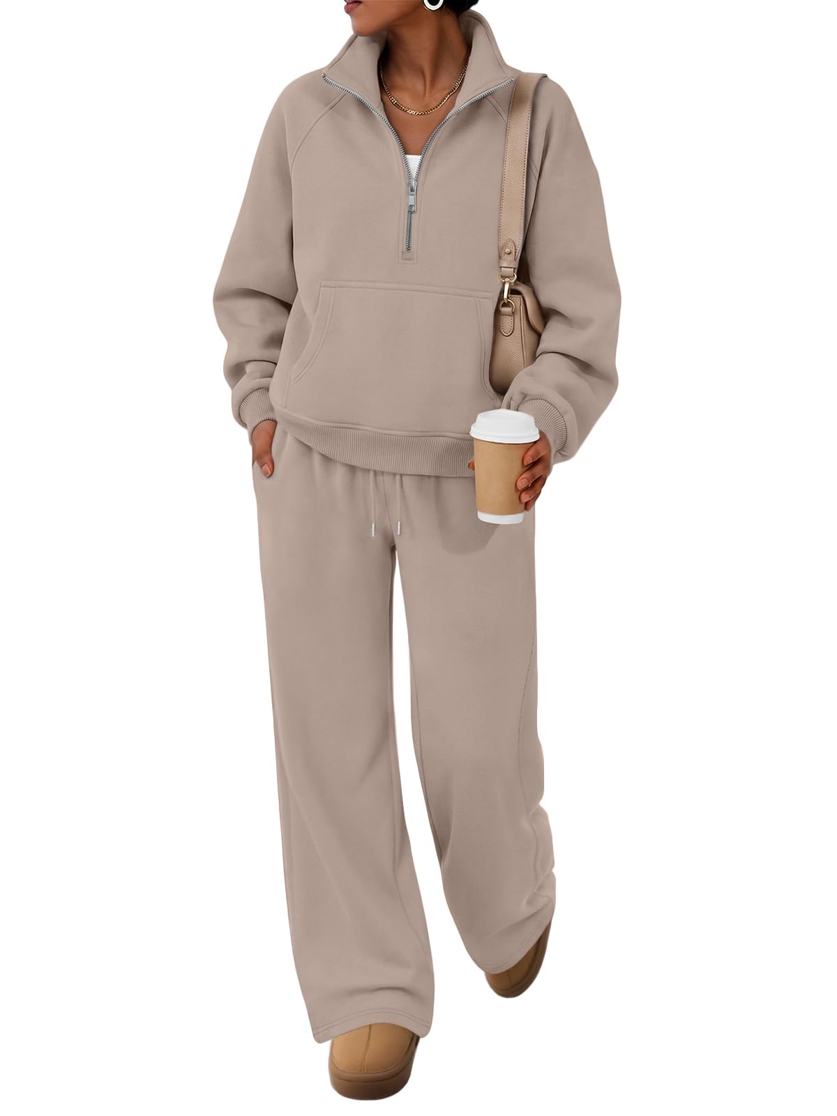 Trendy Queen Womens Sweatsuits Casual Fall 2 Piece Matching Sweat Set 2026 | Breathable material comfy winter clothes half zip sweatshirt wide leg sweatpants with pockets fleece lined loungewear