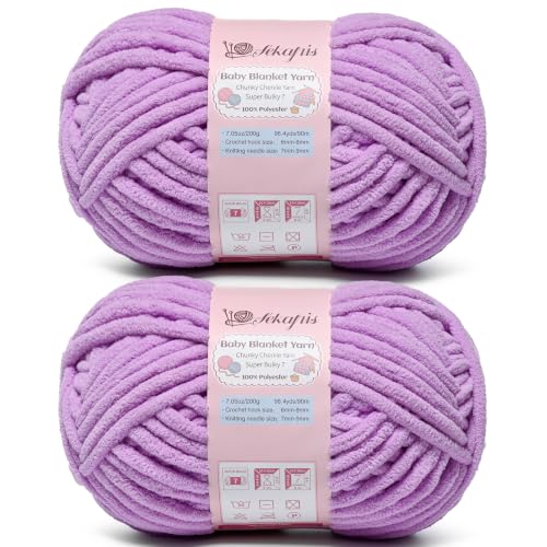 Image of 2 Pack Light Purple 14.1 oz /196.8 yds Chunky Chenille Yarn for Crocheting, #7 Super Bulky Baby Blanket Yarn for Crocheting Soft, Fluffy Velvet Yarn for Knitting, Amigurumi Crochet Yarn for Crafts